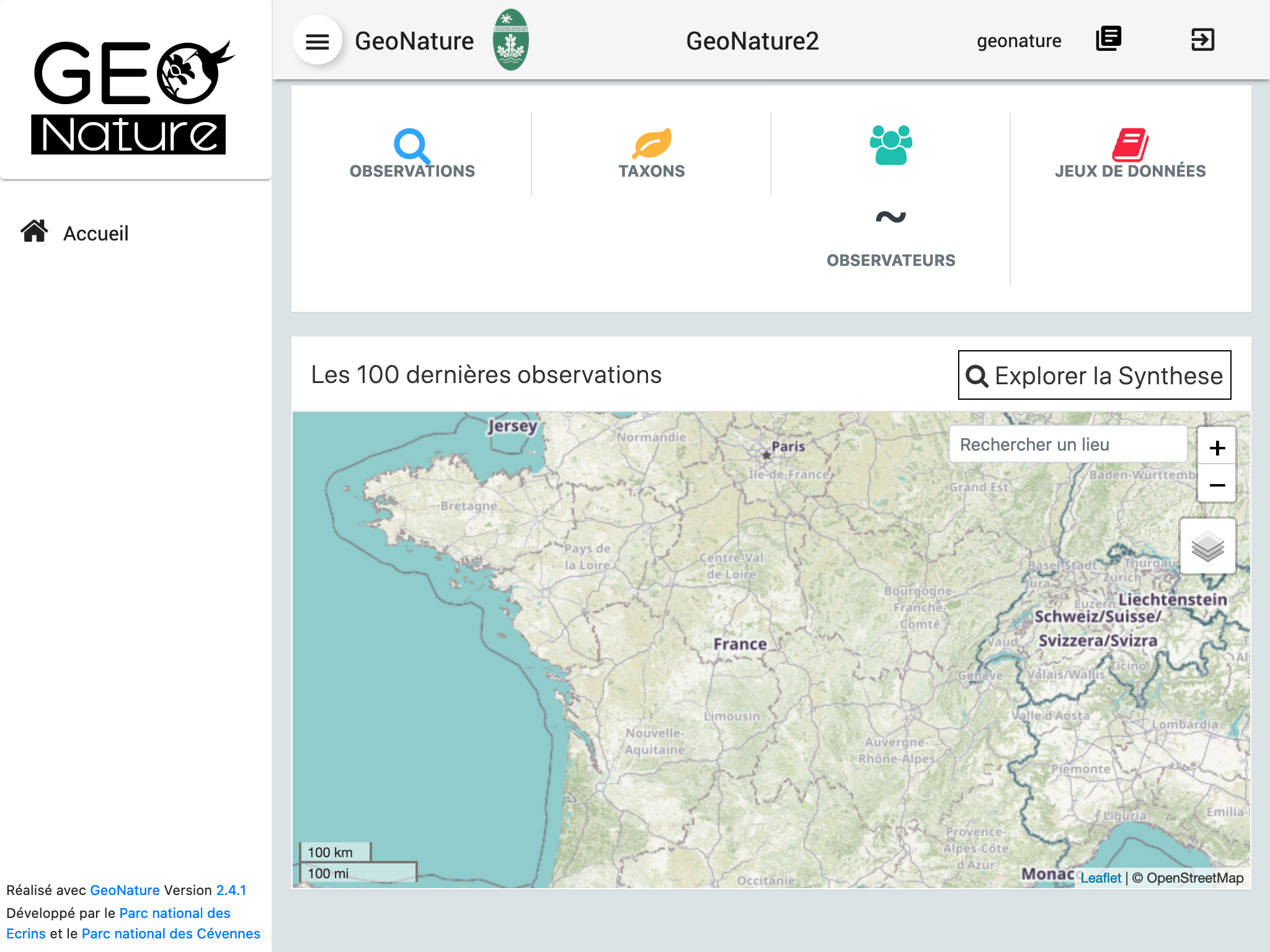 Capture d'écran de GeoNature avec un problème lié à l'API