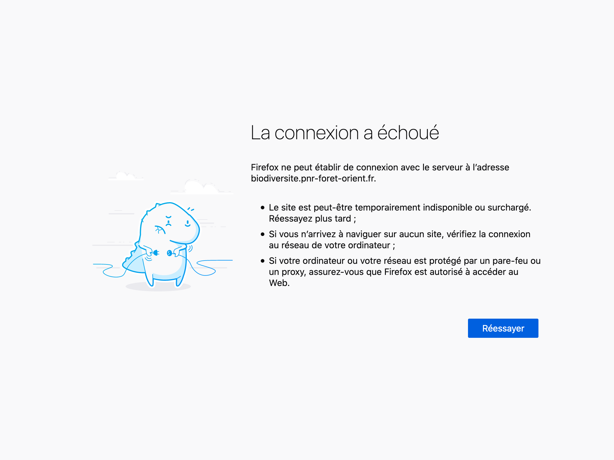 Capture d'écran de GeoNature avec un problème lié à la service apache2