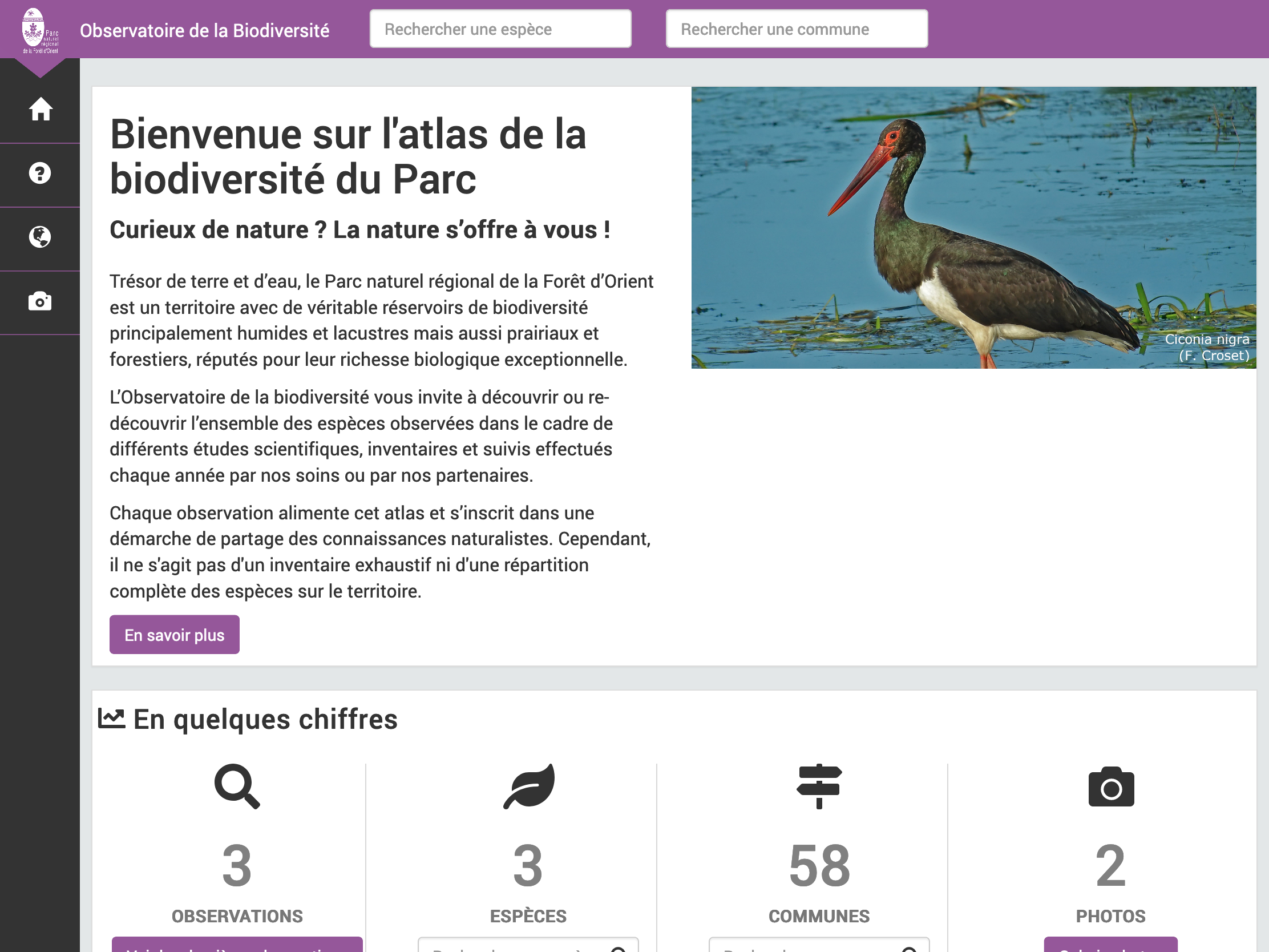 Capture d'écran de l'Accueil GeoNature-Atlas