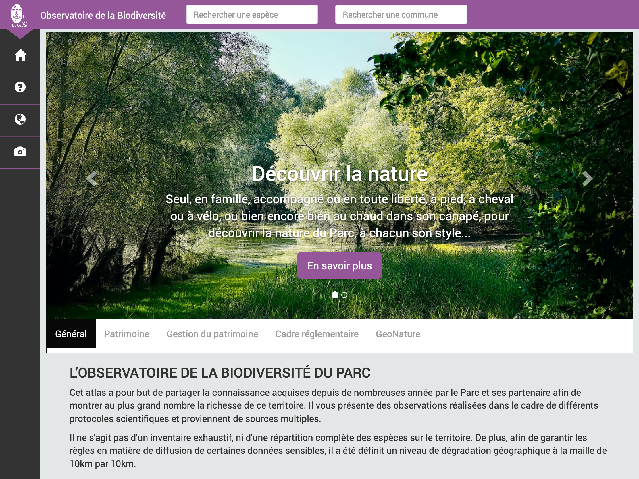 Capture d'écran de la présentation de GeoNature-Atlas