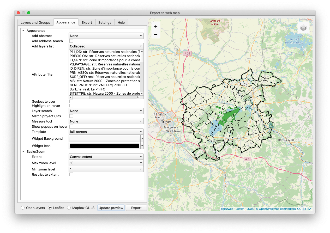 Capture d'écran de l'outil qgis2web