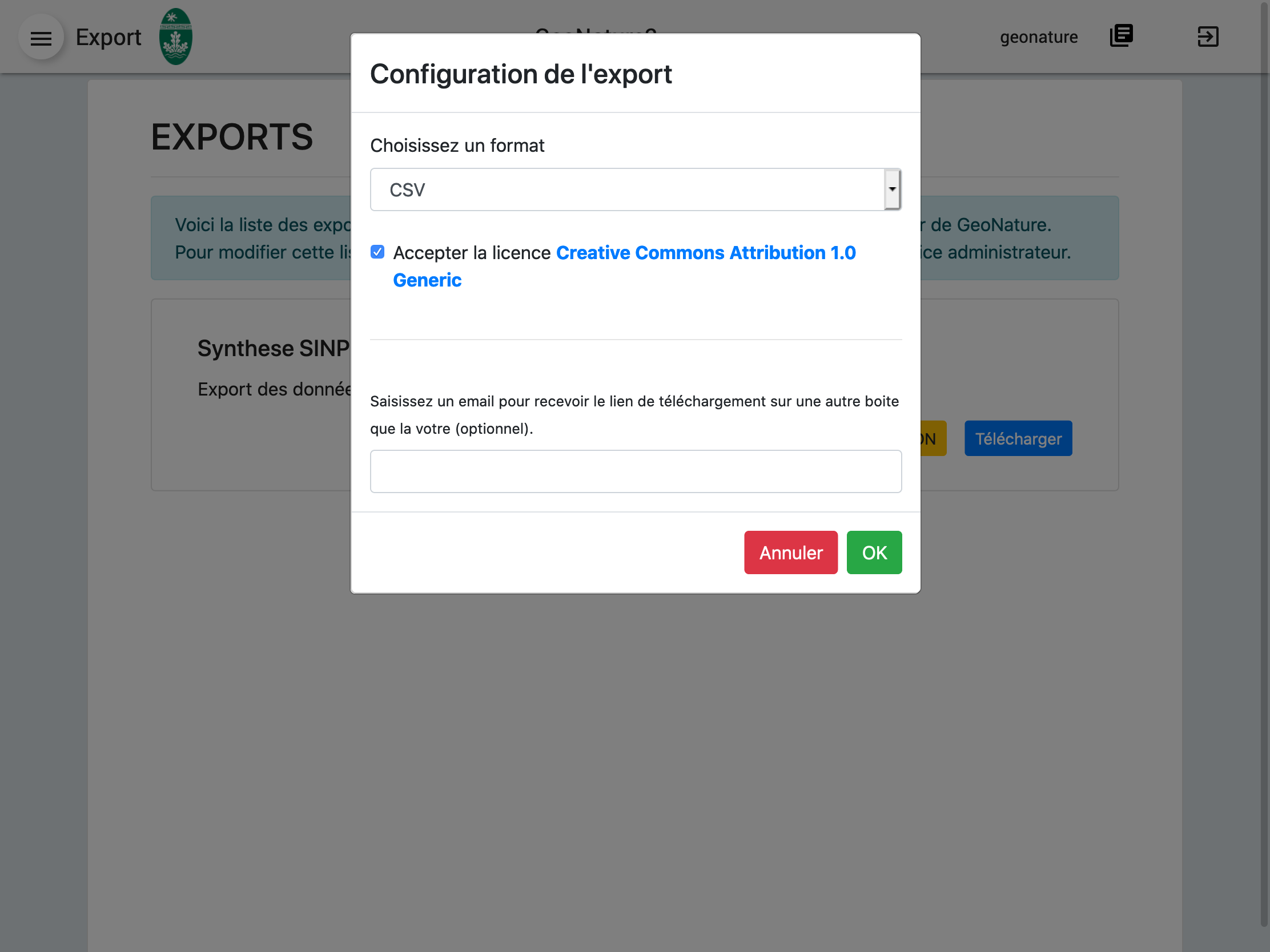 Capture d'écran de la configuration de l'export