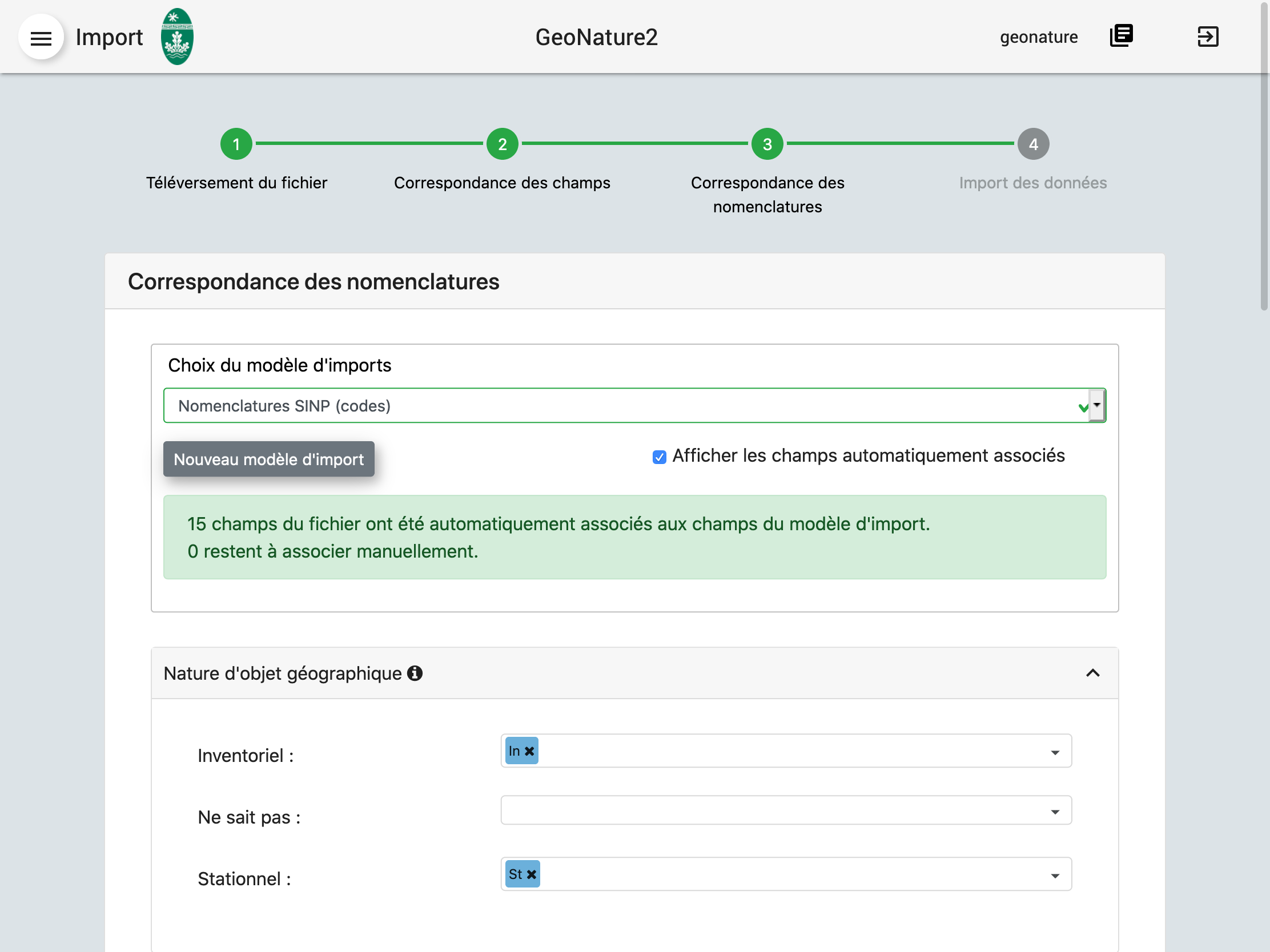 Capture d'écran de la correspondance des nomenclatures