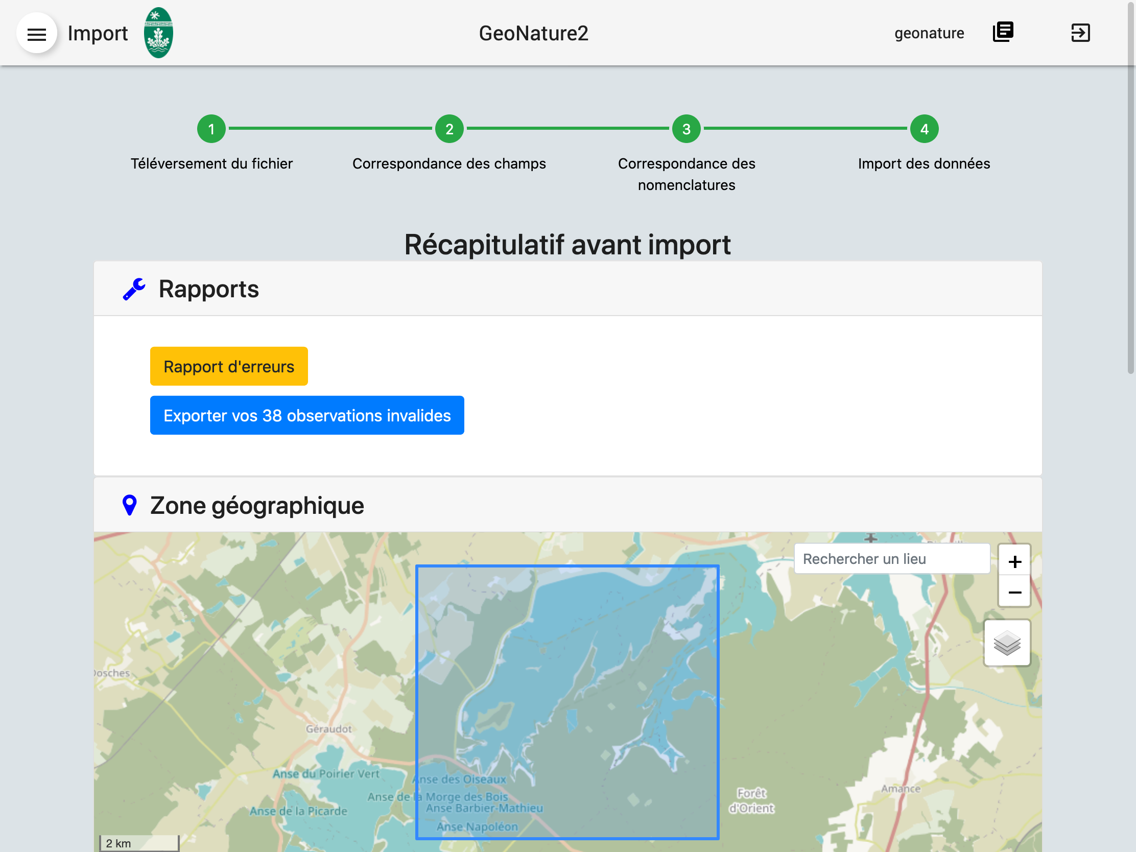Capture d'écran d'un récapitulatif avec une carte