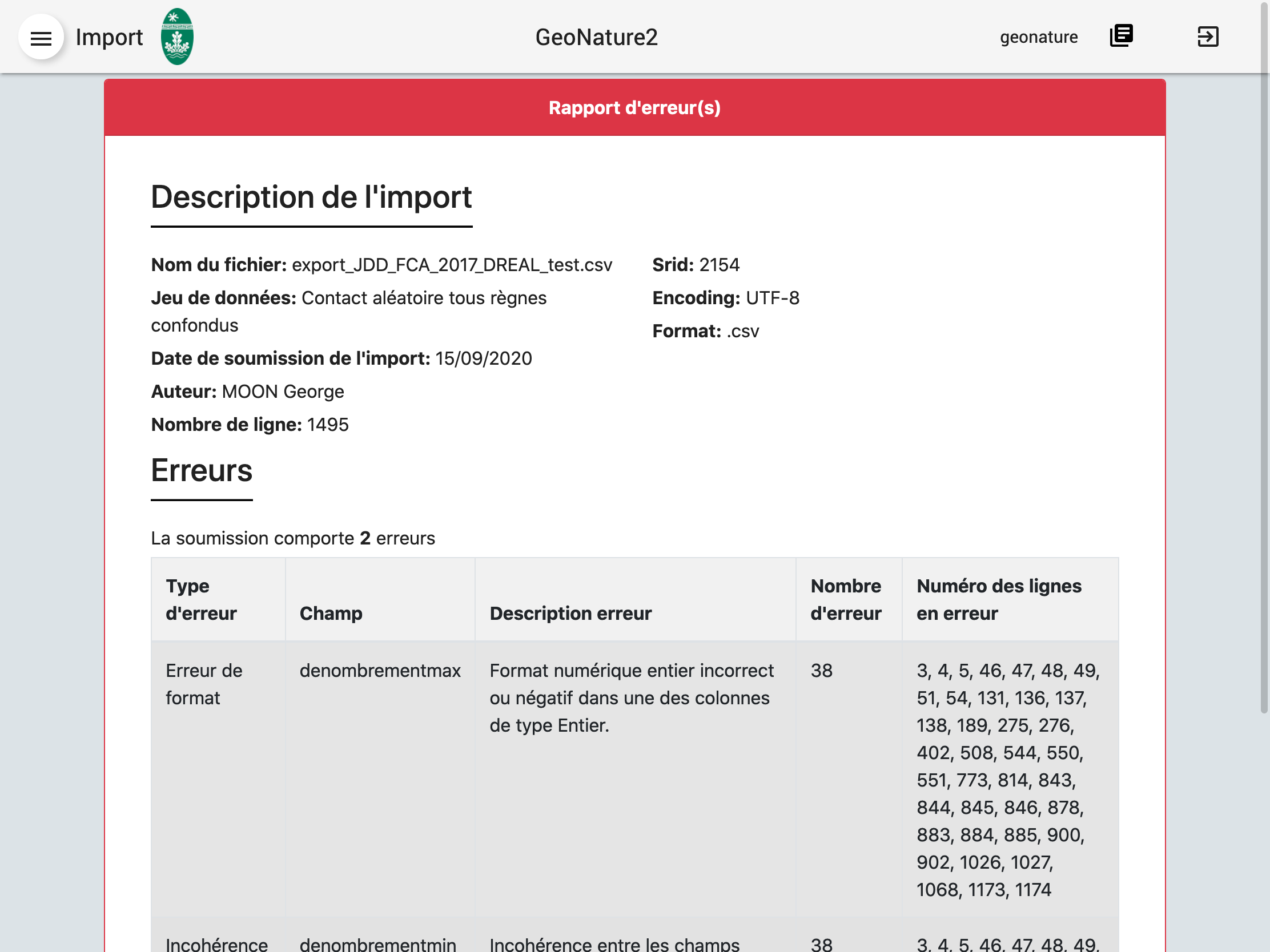 Capture d'écran d'un rapport d'erreur(s)
