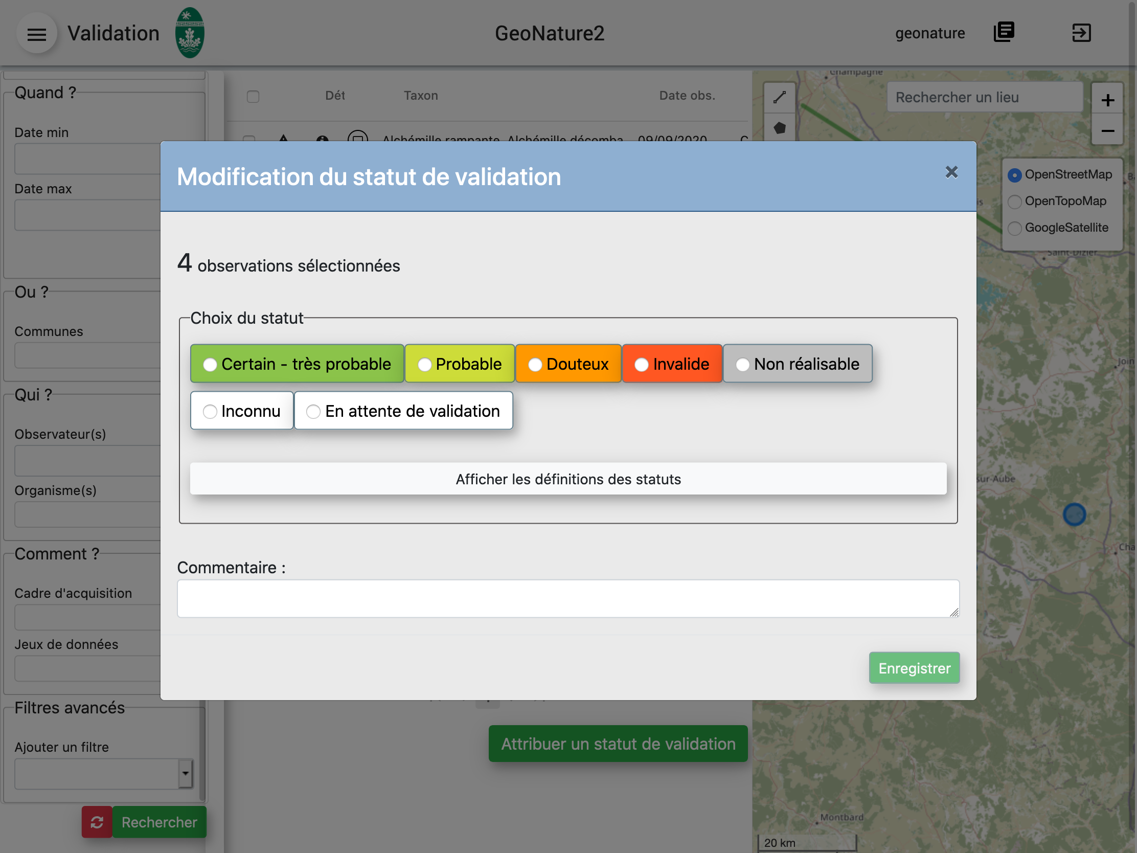 Capture d'écran de la modification du statut de validation