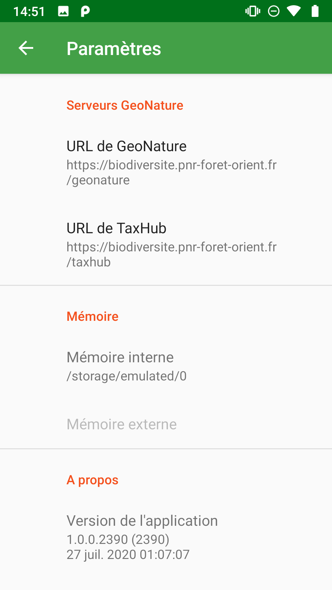 Capture d'écran des paramètres